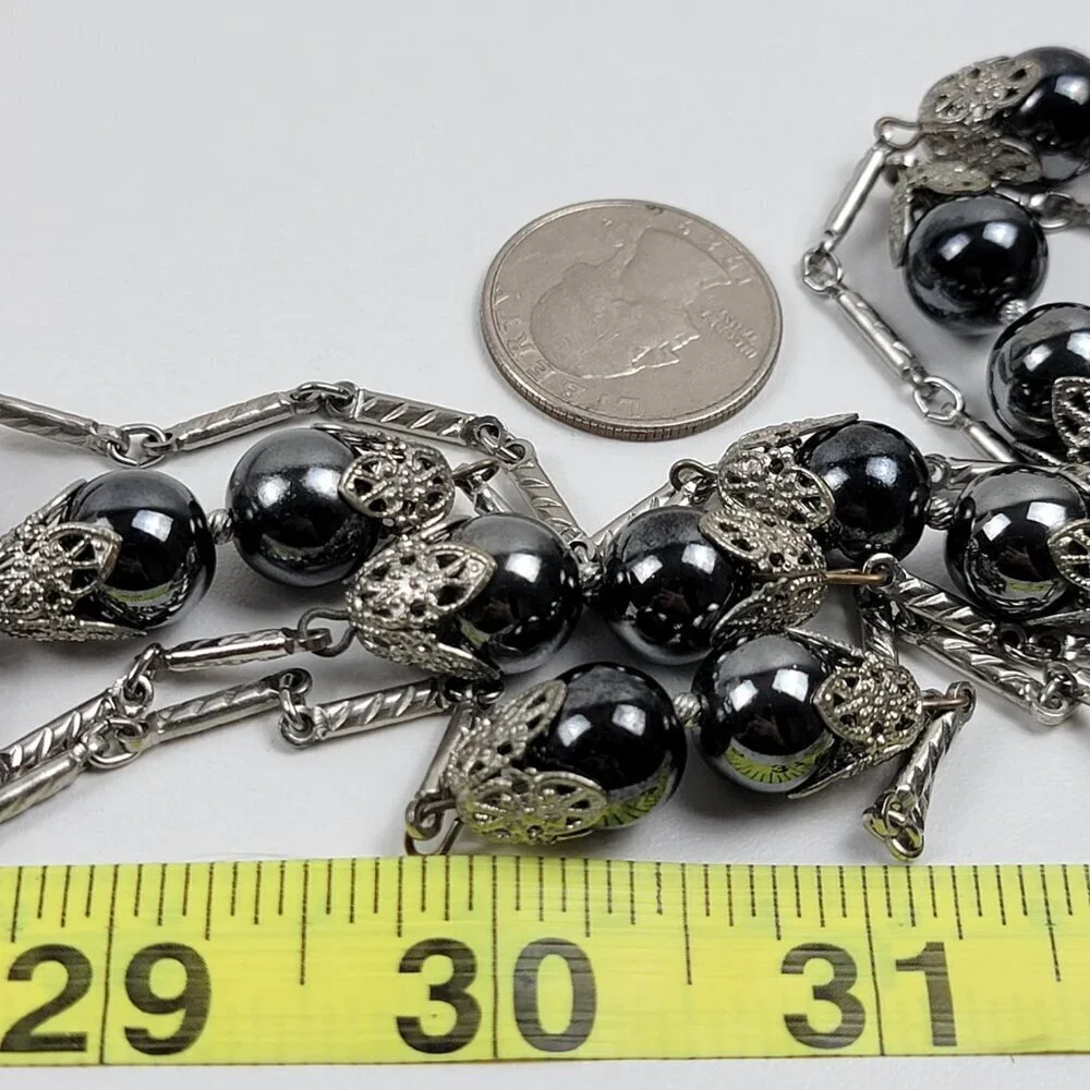 Vtg. Lisa Gray Hematite Long Strand Station Necklace 53 Inch Silver-Tone Opera